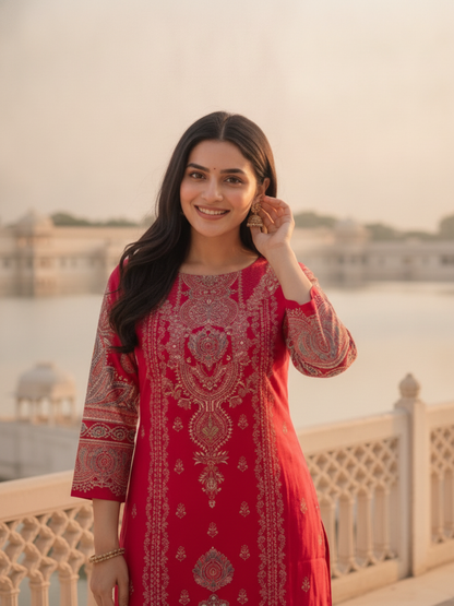 Crimson Red Floral Ethnic Printed Embroidered Chanderi Silk Straight Kurta Set with Pant and Dupatta