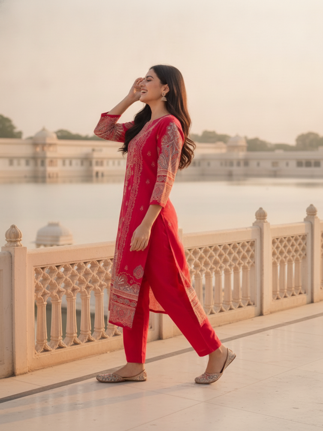 Crimson Red Floral Ethnic Printed Embroidered Chanderi Silk Straight Kurta Set with Pant and Dupatta