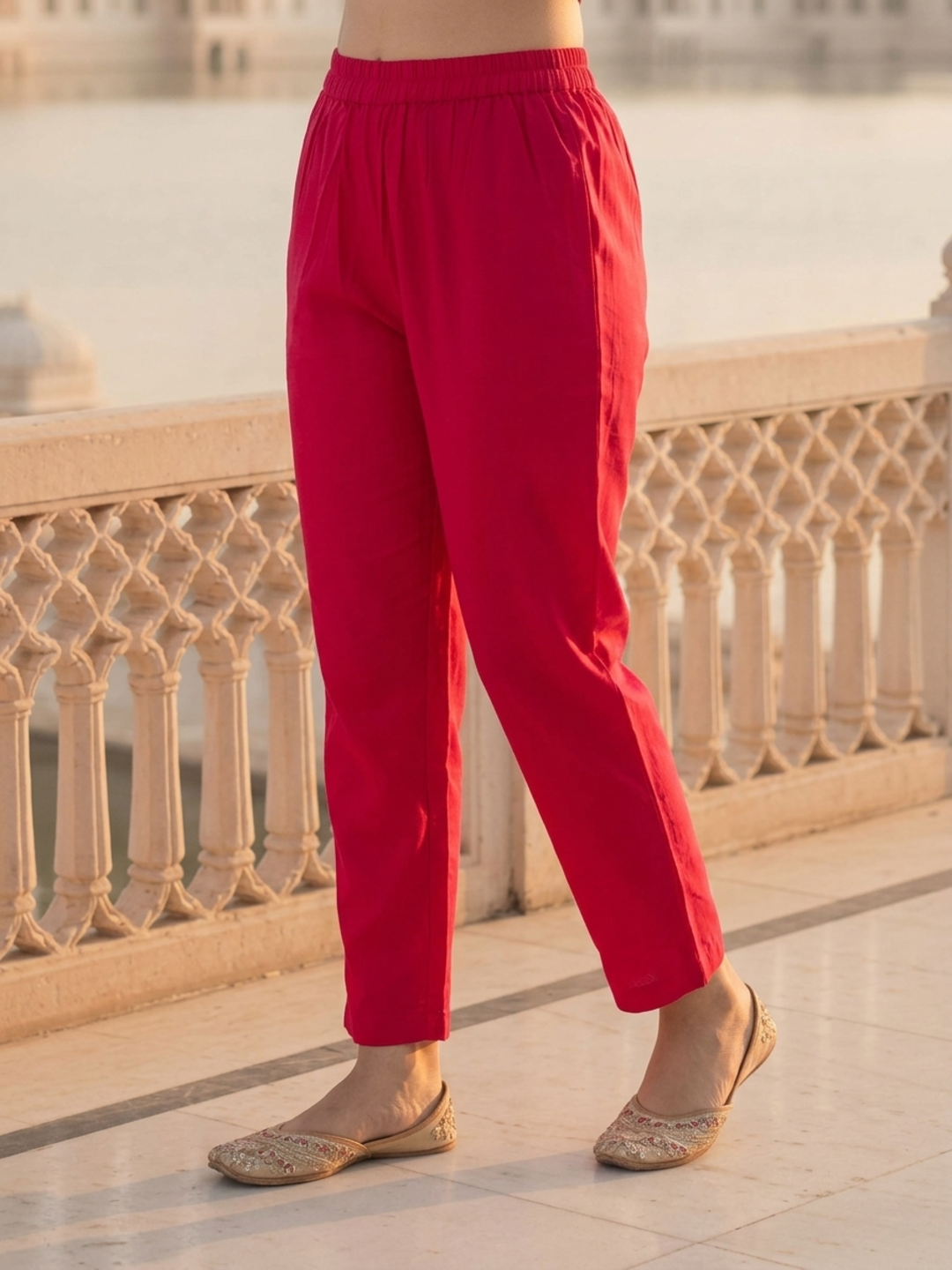 Crimson Red Floral Ethnic Printed Embroidered Chanderi Silk Straight Kurta Set with Pant and Dupatta