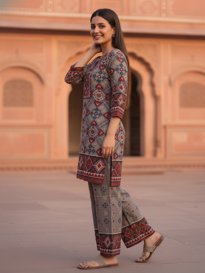 Ikat Printed Mirror Work Shantoon Straight Kurta Set with Palazzo and Dupatta-Taupe