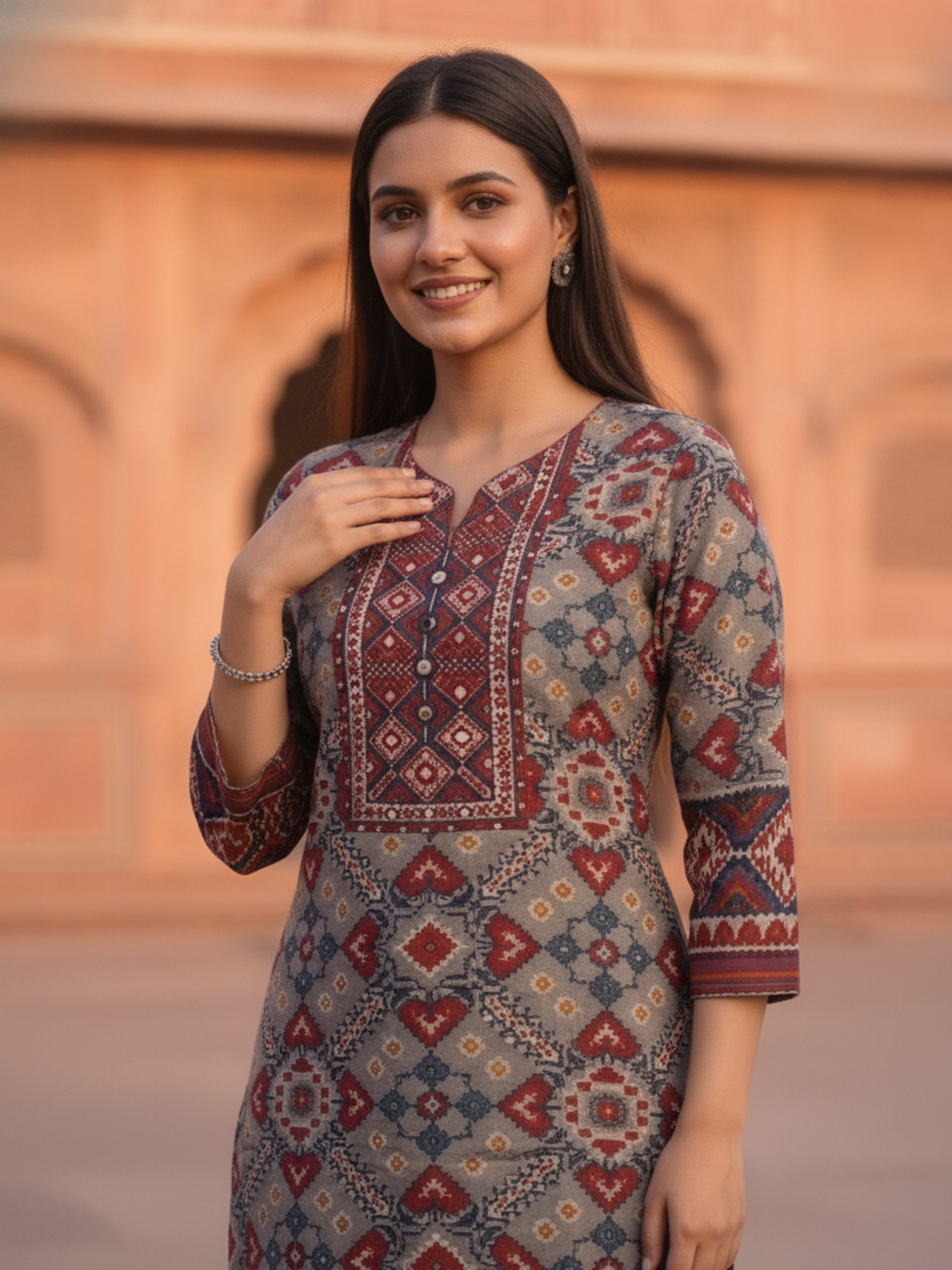 Ikat Printed Mirror Work Shantoon Straight Kurta Set with Palazzo and Dupatta-Taupe