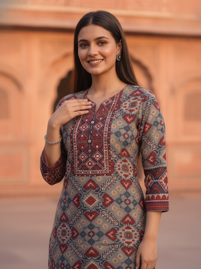 Ikat Printed Mirror Work Shantoon Straight Kurta Set with Palazzo and Dupatta-Taupe