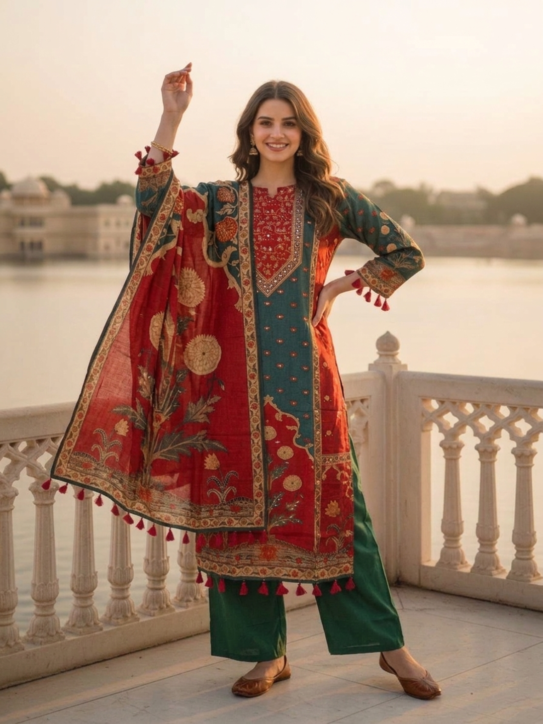 Ethnic Printed Mirror Work Straight Kurta with Palazzo and Dupatta - Bottle Green