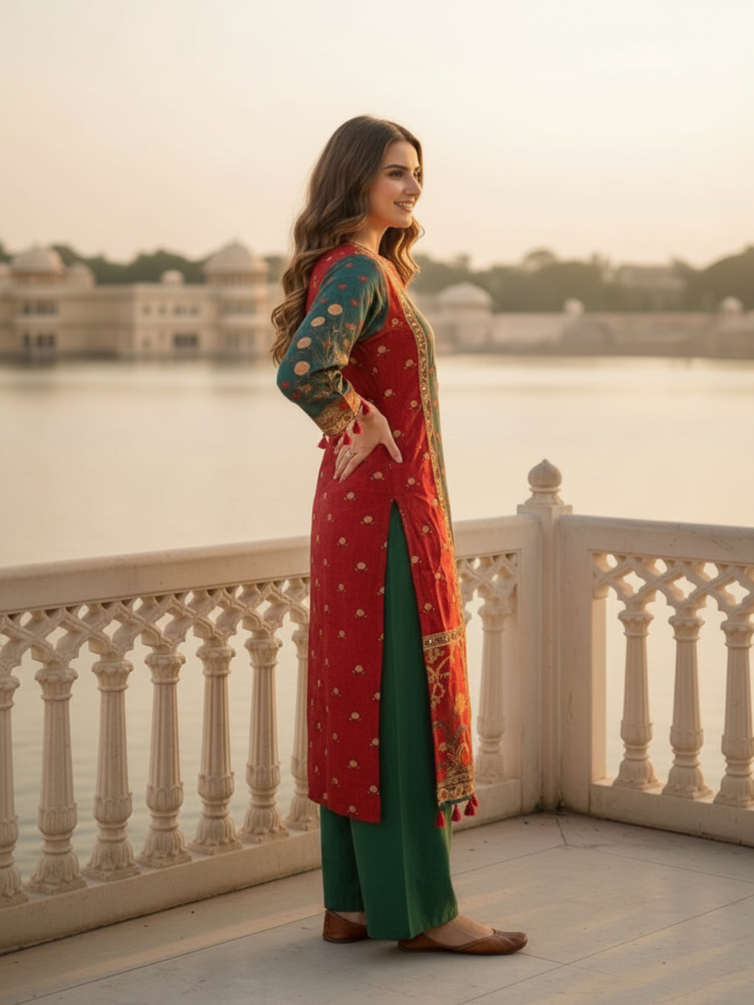 Ethnic Printed Mirror Work Straight Kurta with Palazzo and Dupatta - Bottle Green