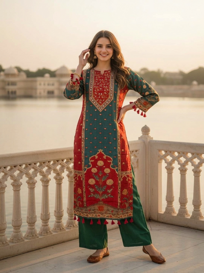 Ethnic Printed Mirror Work Straight Kurta with Palazzo and Dupatta - Bottle Green