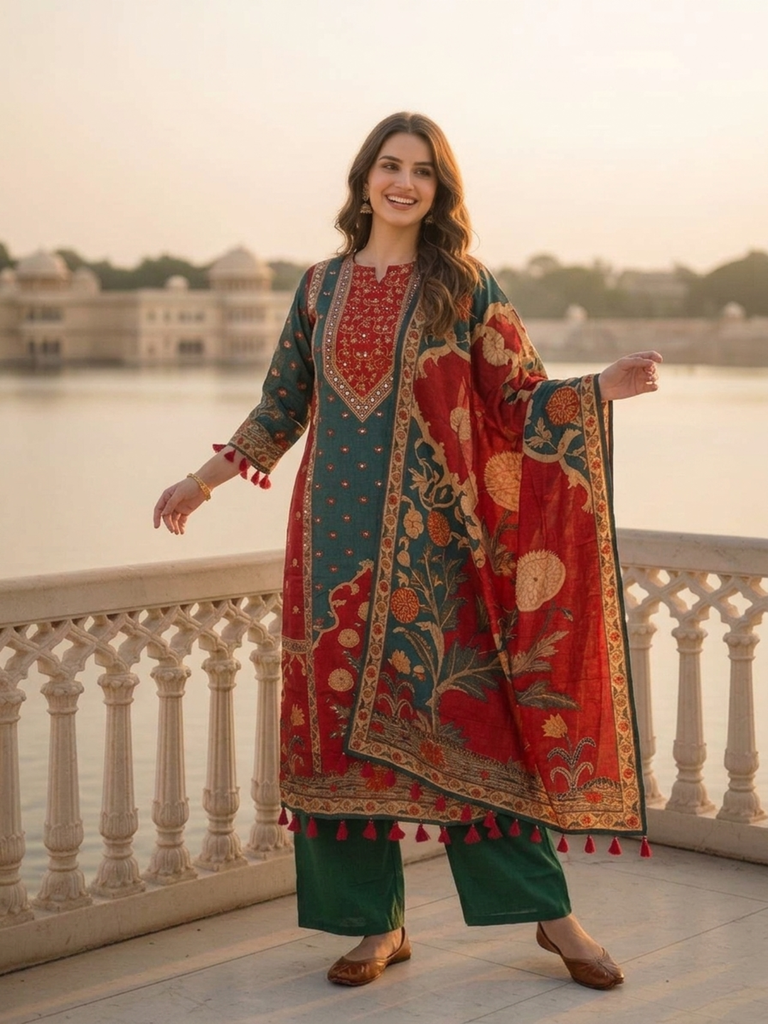 Ethnic Printed Mirror Work Straight Kurta with Palazzo and Dupatta - Bottle Green