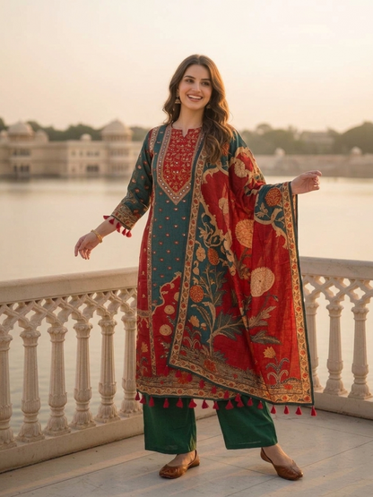 Ethnic Printed Mirror Work Straight Kurta with Palazzo and Dupatta - Bottle Green