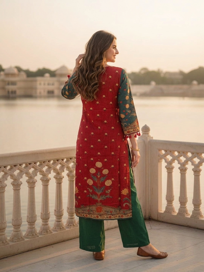 Ethnic Printed Mirror Work Straight Kurta with Palazzo and Dupatta - Bottle Green