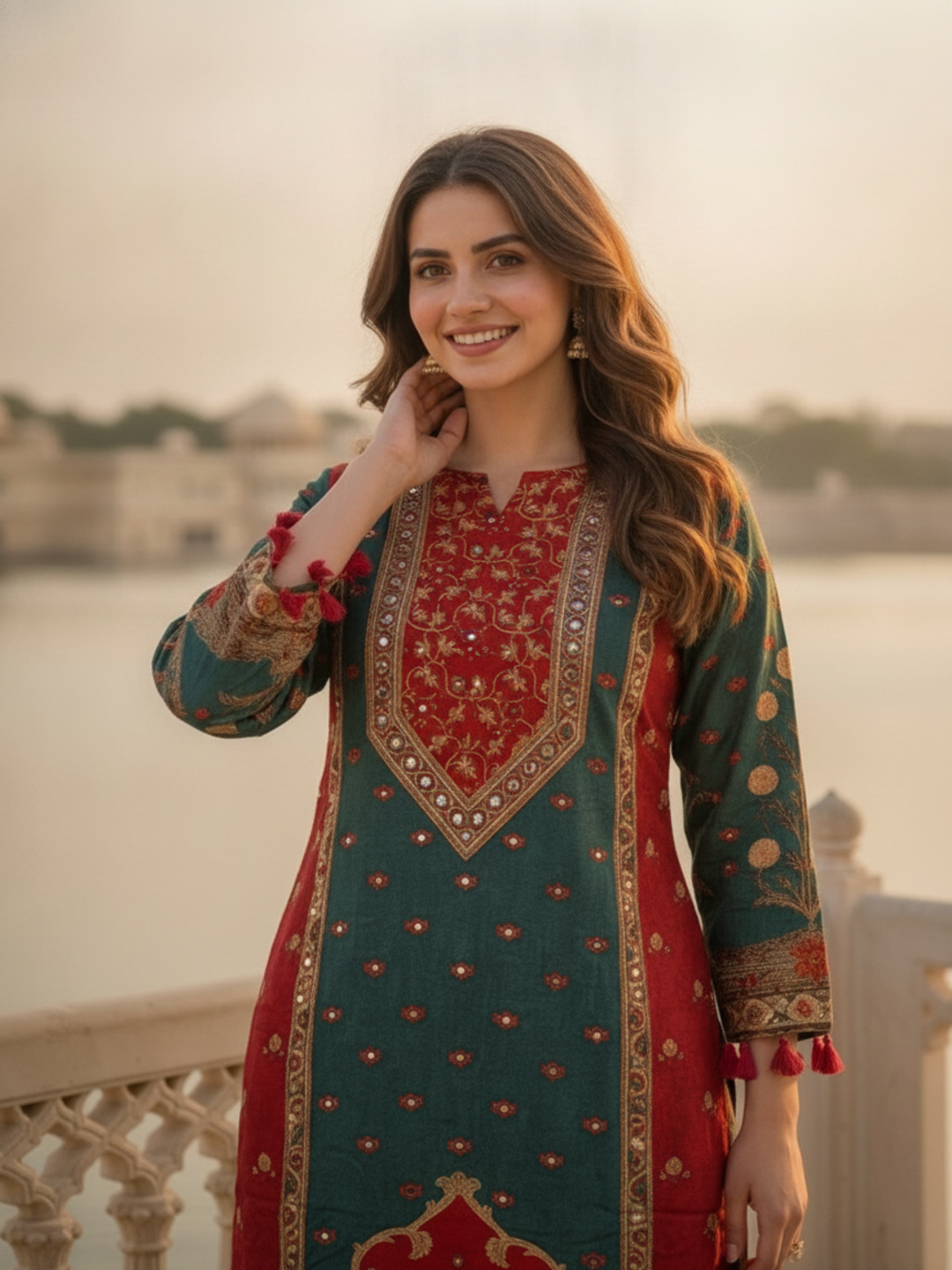 Ethnic Printed Mirror Work Straight Kurta with Palazzo and Dupatta - Bottle Green