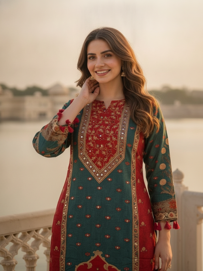 Ethnic Printed Mirror Work Straight Kurta with Palazzo and Dupatta - Bottle Green