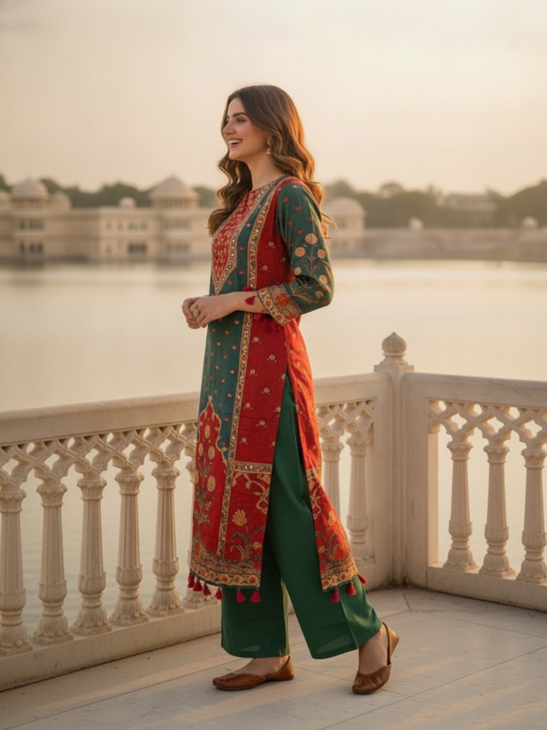 Ethnic Printed Mirror Work Straight Kurta with Palazzo and Dupatta - Bottle Green