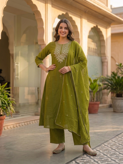 Olive Green Solid Mirror Embroidered Cotton A-Line Kurta Set with Palazzo and Dupatta