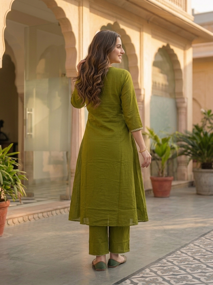 Olive Green Solid Mirror Embroidered Cotton A-Line Kurta Set with Palazzo and Dupatta