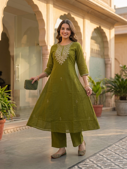 Olive Green Solid Mirror Embroidered Cotton A-Line Kurta Set with Palazzo and Dupatta