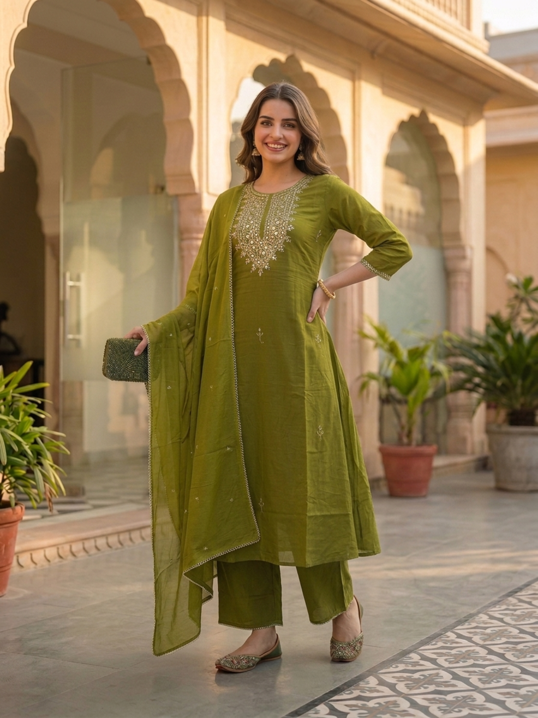 Olive Green Solid Mirror Embroidered Cotton A-Line Kurta Set with Palazzo and Dupatta