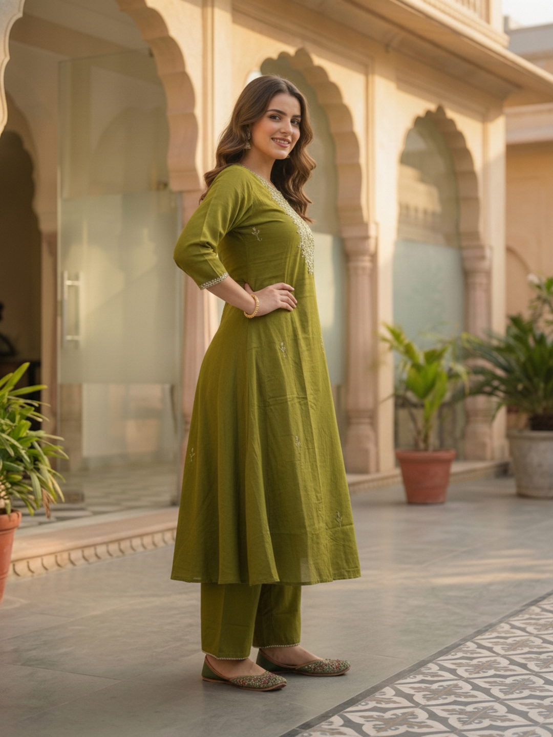 Olive Green Solid Mirror Embroidered Cotton A-Line Kurta Set with Palazzo and Dupatta