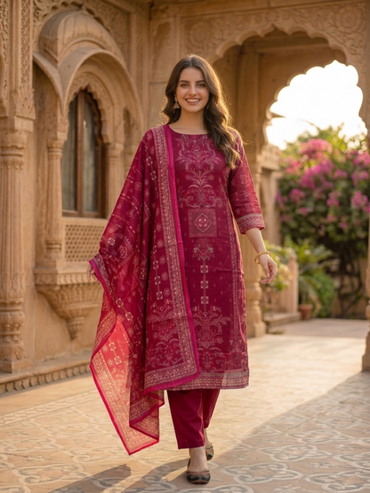 Magenta Floral Ethnic Printed Embroidered Chanderi Silk Straight Kurta Set with Pant and Dupatta