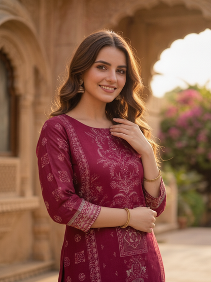Magenta Floral Ethnic Printed Embroidered Chanderi Silk Straight Kurta Set with Pant and Dupatta