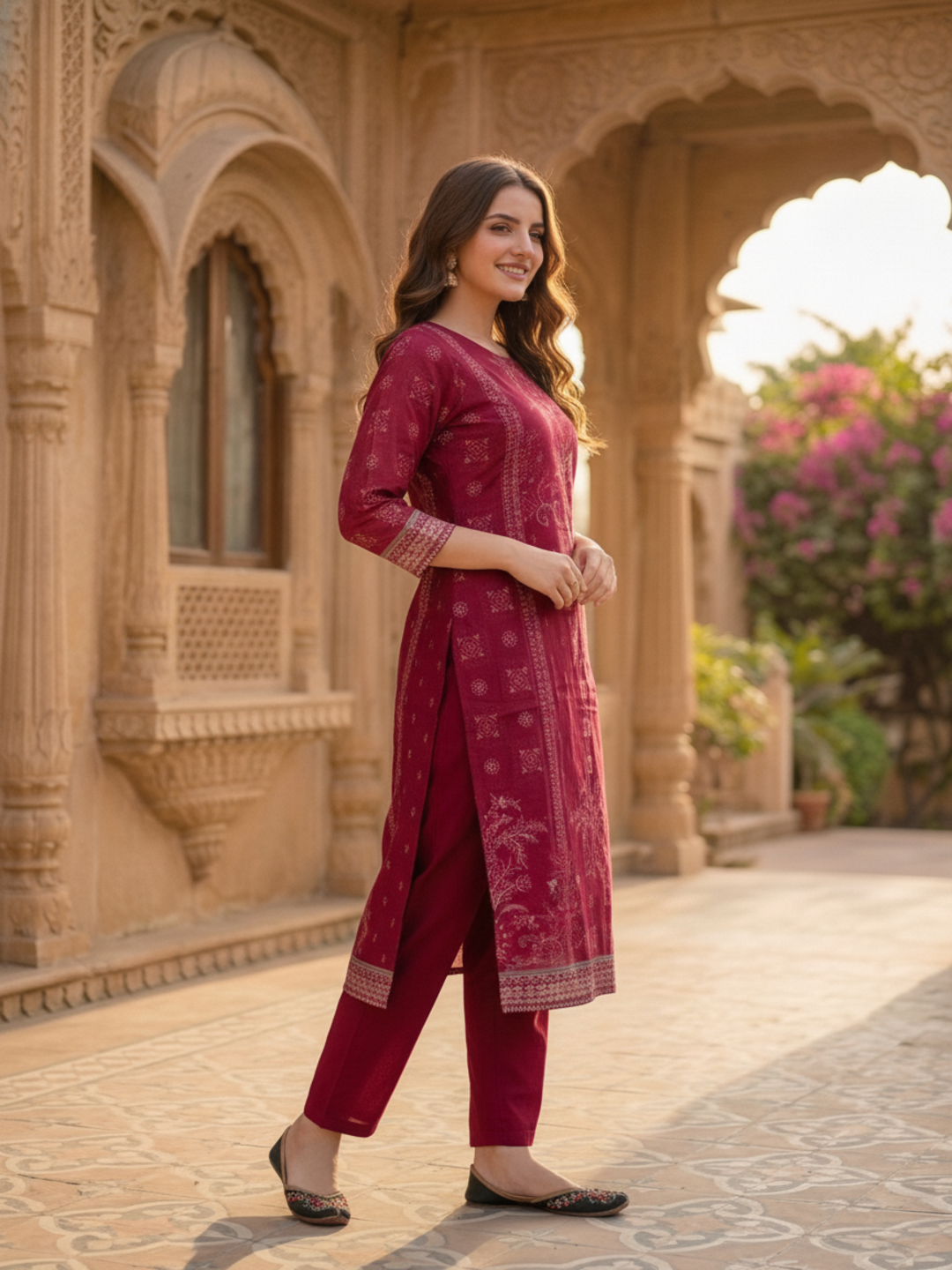 Magenta Floral Ethnic Printed Embroidered Chanderi Silk Straight Kurta Set with Pant and Dupatta