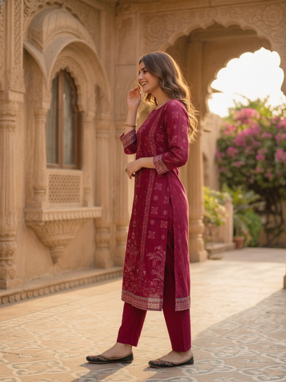 Magenta Floral Ethnic Printed Embroidered Chanderi Silk Straight Kurta Set with Pant and Dupatta