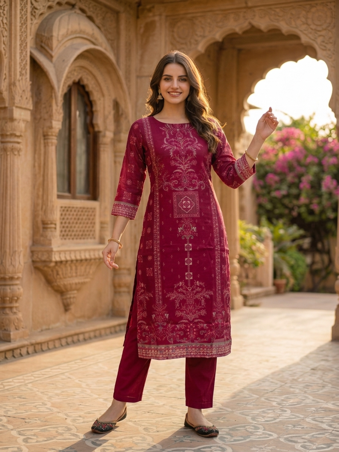 Magenta Floral Ethnic Printed Embroidered Chanderi Silk Straight Kurta Set with Pant and Dupatta