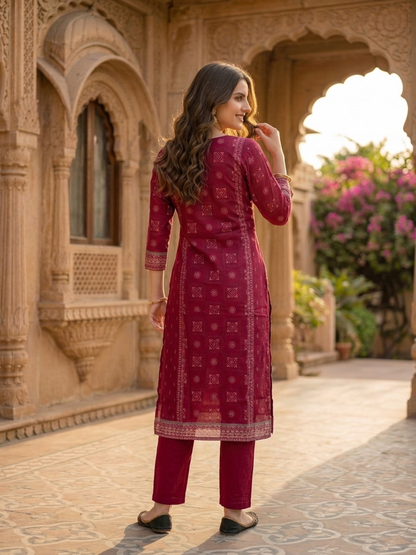 Magenta Floral Ethnic Printed Embroidered Chanderi Silk Straight Kurta Set with Pant and Dupatta