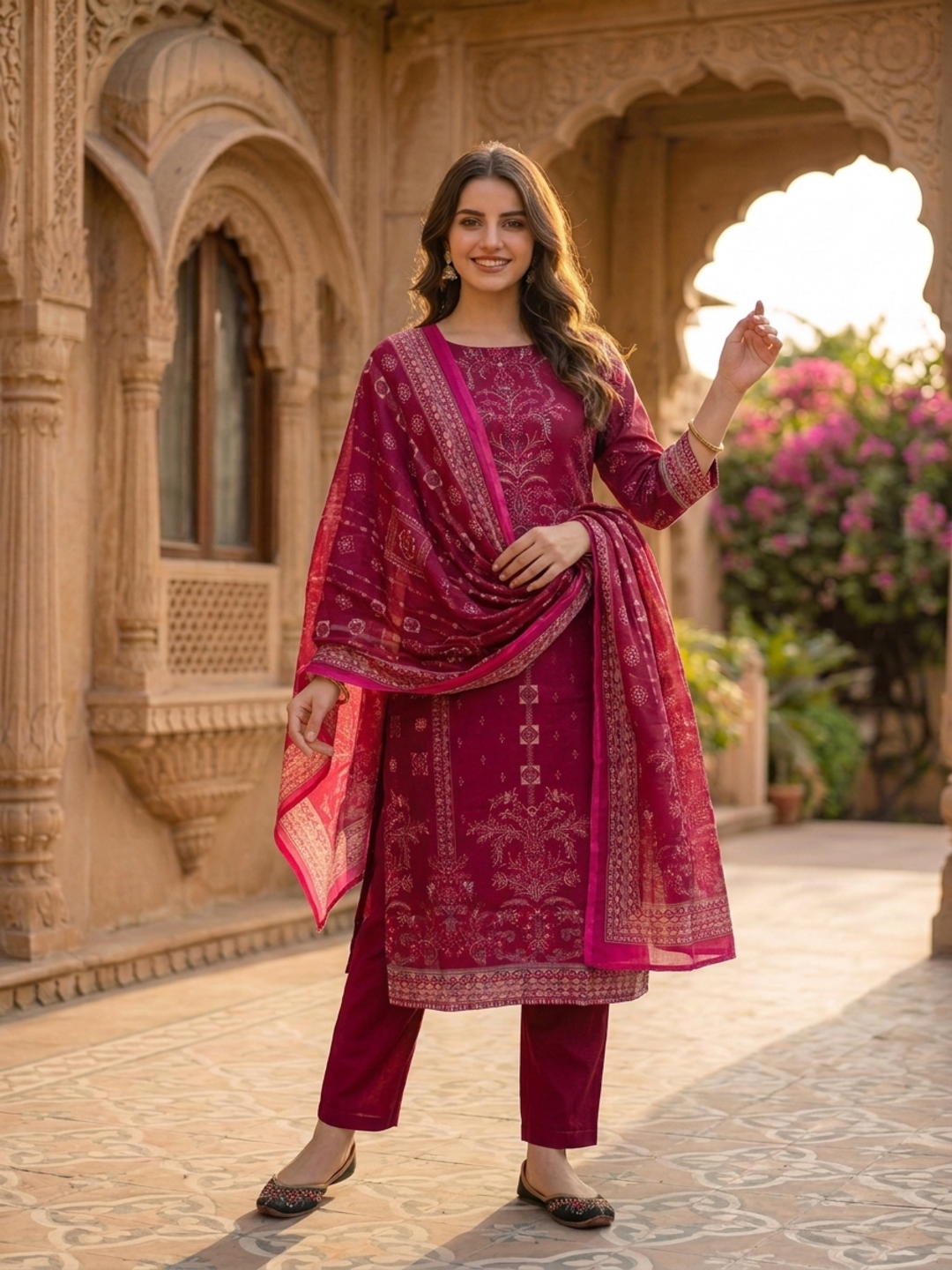 Magenta Floral Ethnic Printed Embroidered Chanderi Silk Straight Kurta Set with Pant and Dupatta
