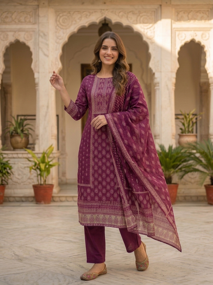Plum Purple Floral Ethnic Printed Embroidered Chanderi Silk Straight Kurta Set with Pant and Dupatta