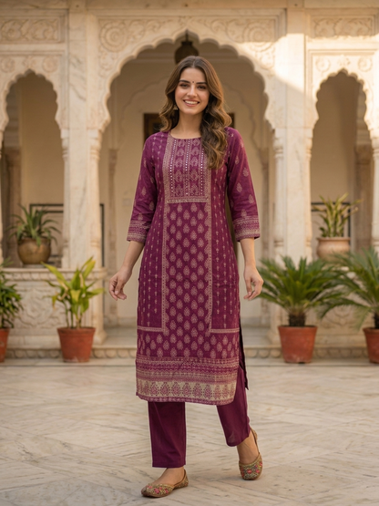 Plum Purple Floral Ethnic Printed Embroidered Chanderi Silk Straight Kurta Set with Pant and Dupatta
