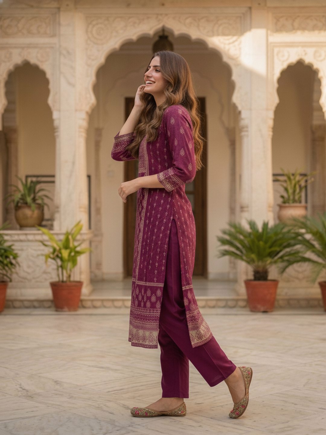 Plum Purple Floral Ethnic Printed Embroidered Chanderi Silk Straight Kurta Set with Pant and Dupatta