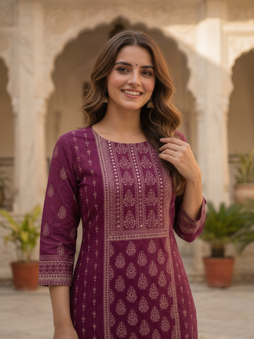 Plum Purple Floral Ethnic Printed Embroidered Chanderi Silk Straight Kurta Set with Pant and Dupatta