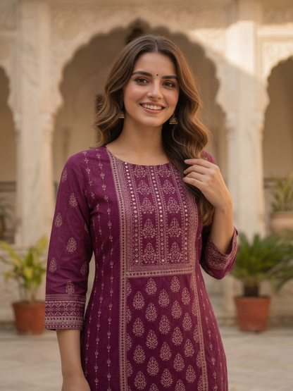Plum Purple Floral Ethnic Printed Embroidered Chanderi Silk Straight Kurta Set with Pant and Dupatta