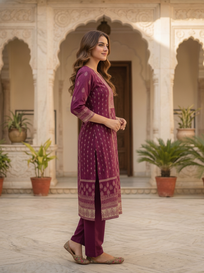 Plum Purple Floral Ethnic Printed Embroidered Chanderi Silk Straight Kurta Set with Pant and Dupatta