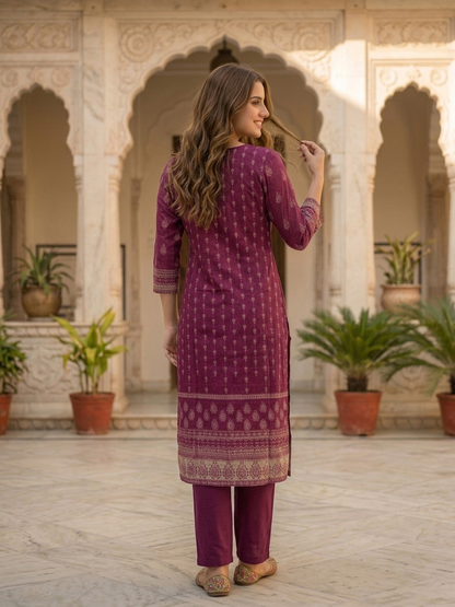 Plum Purple Floral Ethnic Printed Embroidered Chanderi Silk Straight Kurta Set with Pant and Dupatta