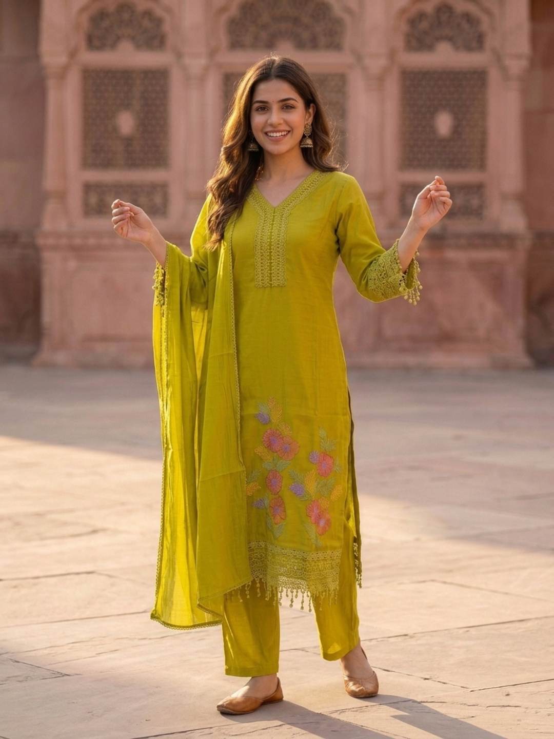 Lime Green Solid Floral Embroidered Lace Work Chanderi Silk Straight Kurta Set with Palazzo and Dupatta