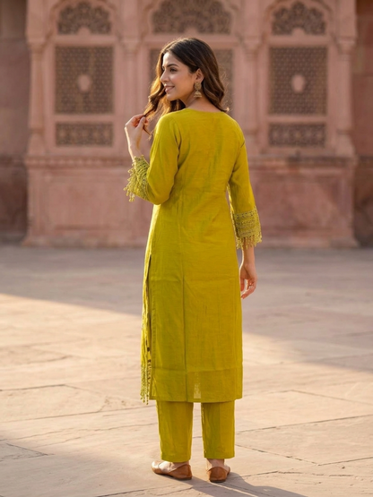 Lime Green Solid Floral Embroidered Lace Work Chanderi Silk Straight Kurta Set with Palazzo and Dupatta