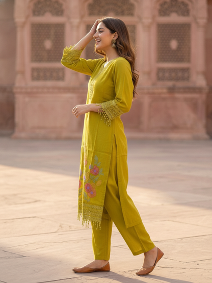 Lime Green Solid Floral Embroidered Lace Work Chanderi Silk Straight Kurta Set with Palazzo and Dupatta