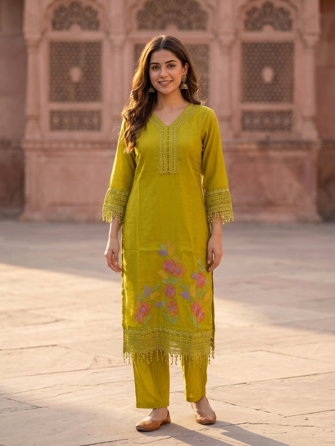Lime Green Solid Floral Embroidered Lace Work Chanderi Silk Straight Kurta Set with Palazzo and Dupatta
