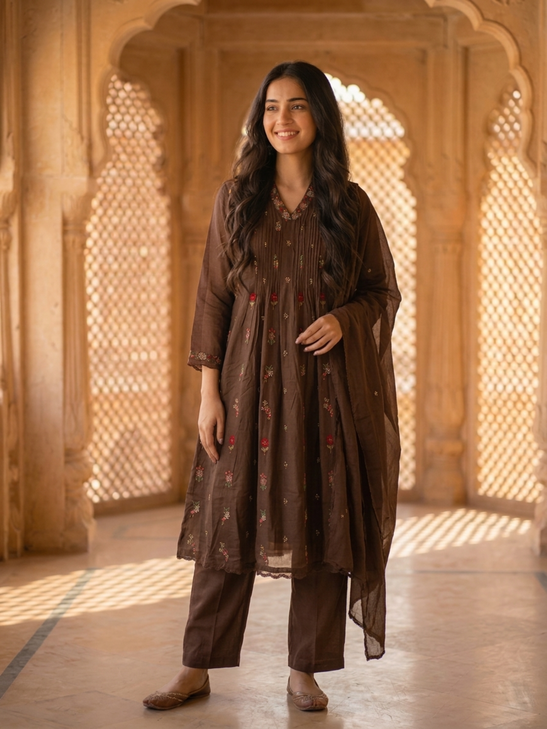 Dark Brown Solid Floral Embroidered Cotton A-Line Pleated Kurta Set with Pant and Dupatta