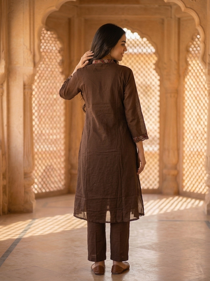 Dark Brown Solid Floral Embroidered Cotton A-Line Pleated Kurta Set with Pant and Dupatta