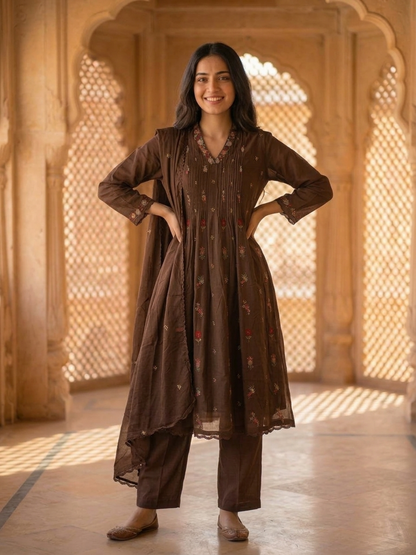 Dark Brown Solid Floral Embroidered Cotton A-Line Pleated Kurta Set with Pant and Dupatta