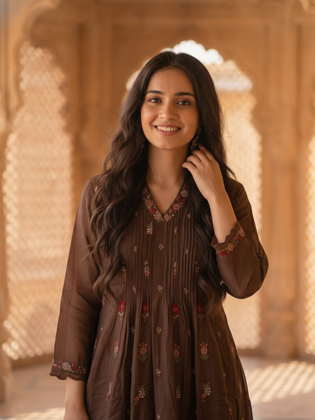 Dark Brown Solid Floral Embroidered Cotton A-Line Pleated Kurta Set with Pant and Dupatta