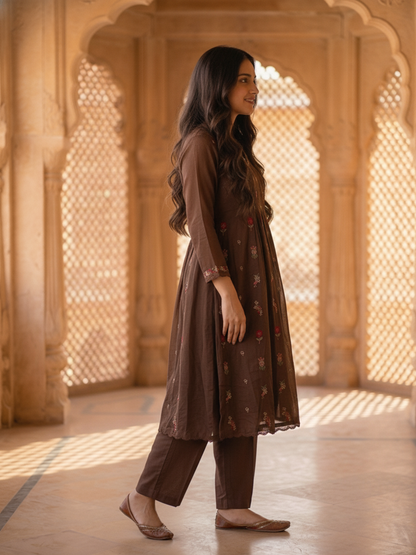 Dark Brown Solid Floral Embroidered Cotton A-Line Pleated Kurta Set with Pant and Dupatta