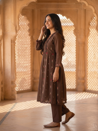 Dark Brown Solid Floral Embroidered Cotton A-Line Pleated Kurta Set with Pant and Dupatta