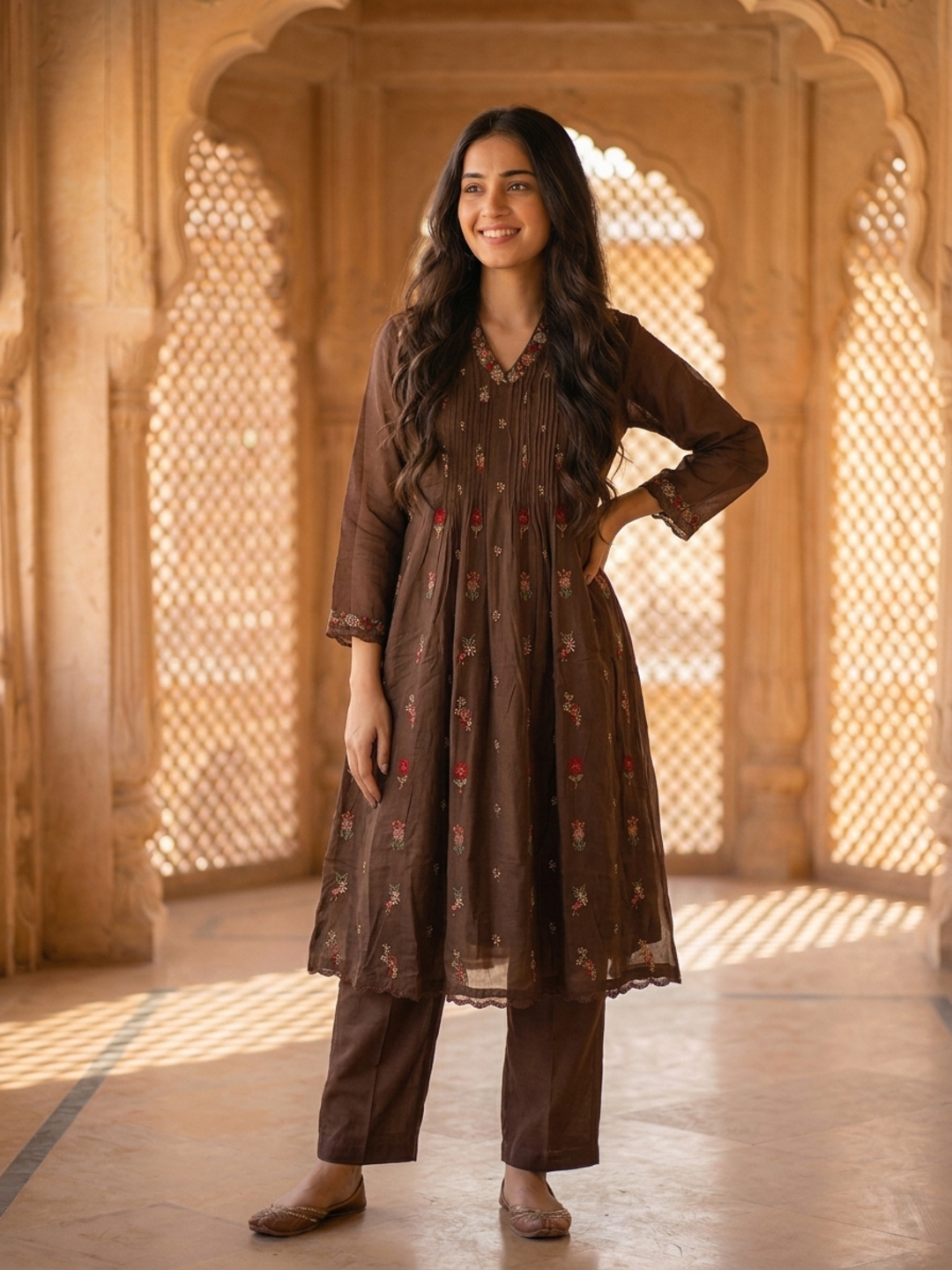 Dark Brown Solid Floral Embroidered Cotton A-Line Pleated Kurta Set with Pant and Dupatta