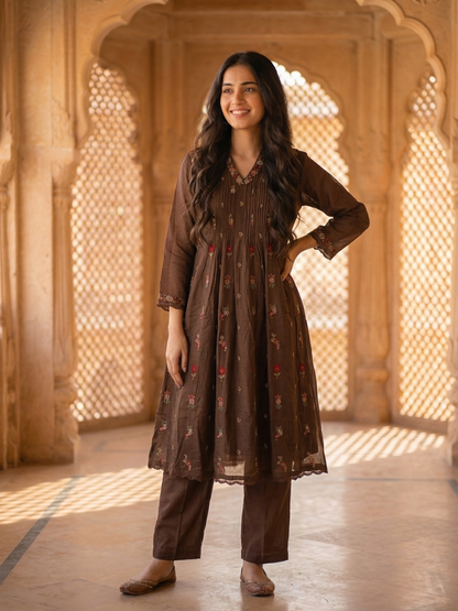 Dark Brown Solid Floral Embroidered Cotton A-Line Pleated Kurta Set with Pant and Dupatta