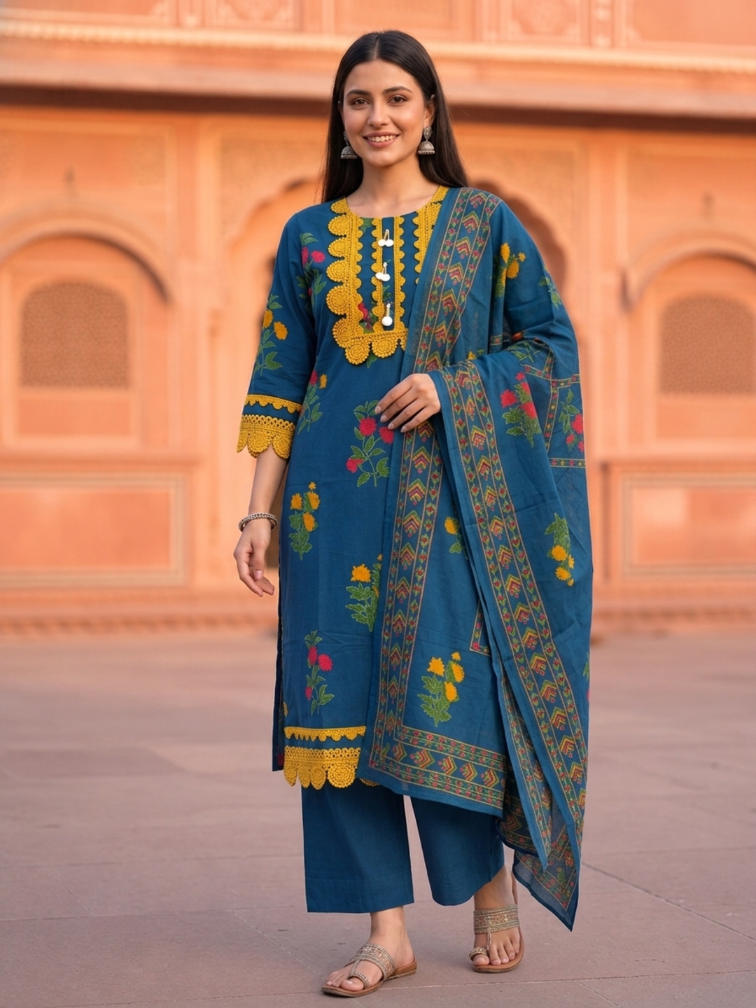 Blue Floral Ethnic Printed Lace Work Cotton Straight Kurta Set with Palazzo and Dupatta
