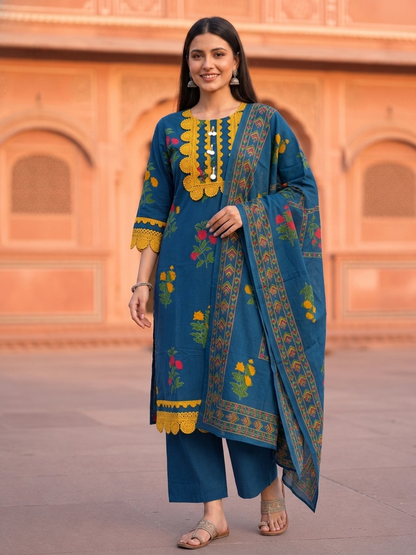 Blue Floral Ethnic Printed Lace Work Cotton Straight Kurta Set with Palazzo and Dupatta