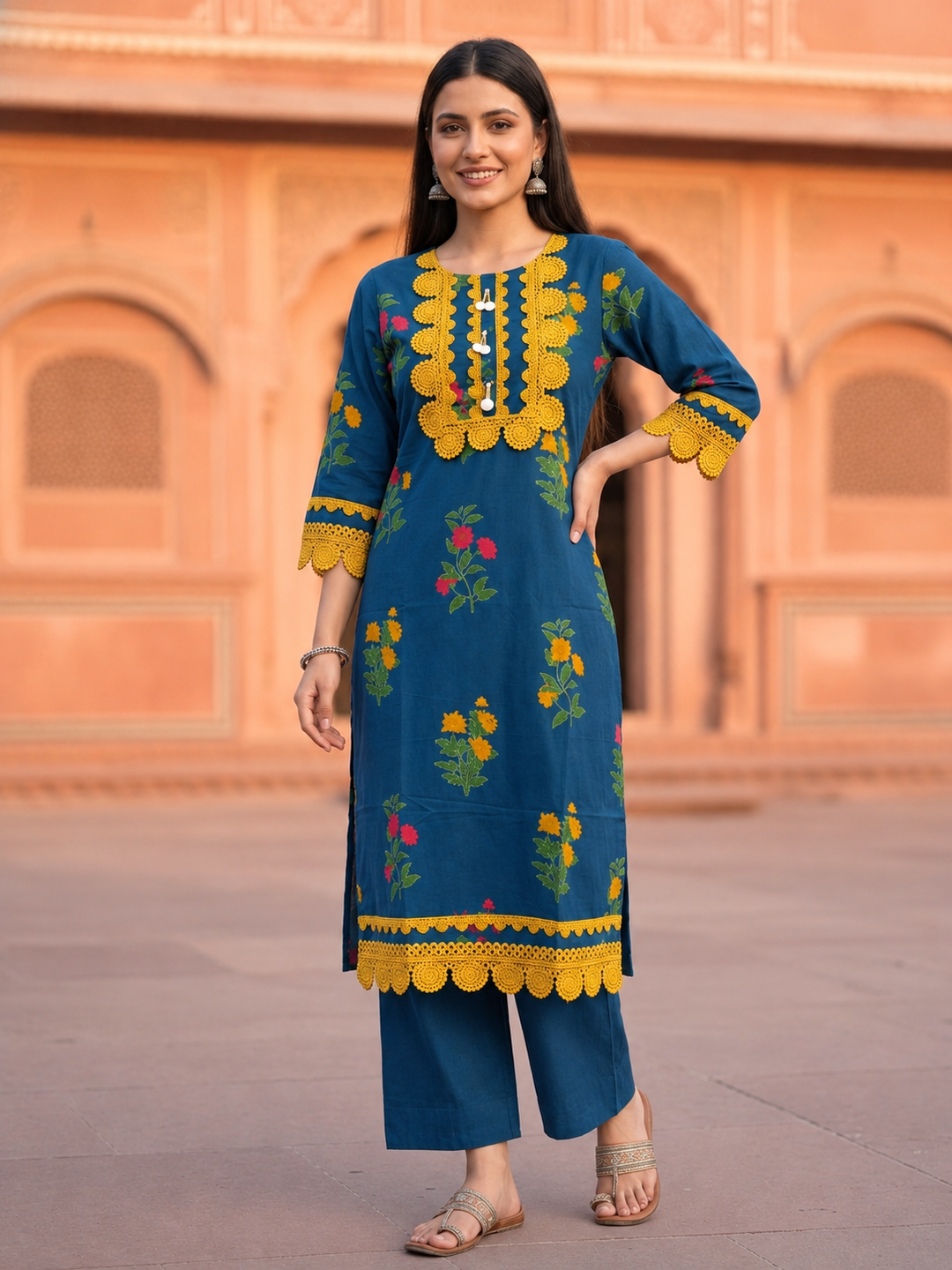 Blue Floral Ethnic Printed Lace Work Cotton Straight Kurta Set with Palazzo and Dupatta