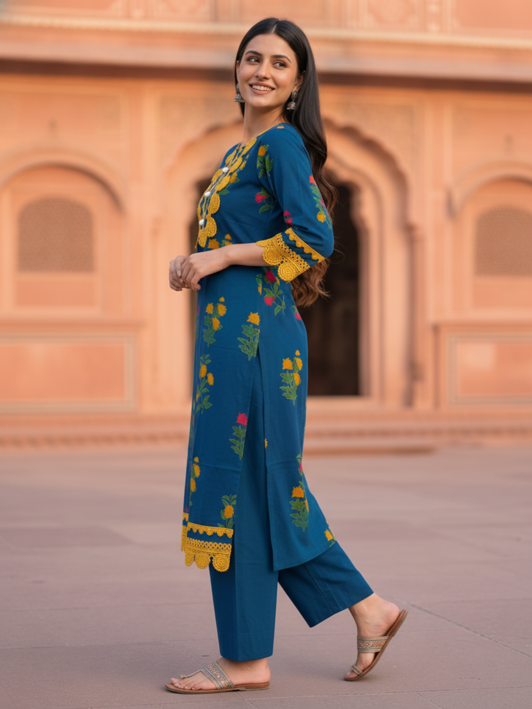 Blue Floral Ethnic Printed Lace Work Cotton Straight Kurta Set with Palazzo and Dupatta